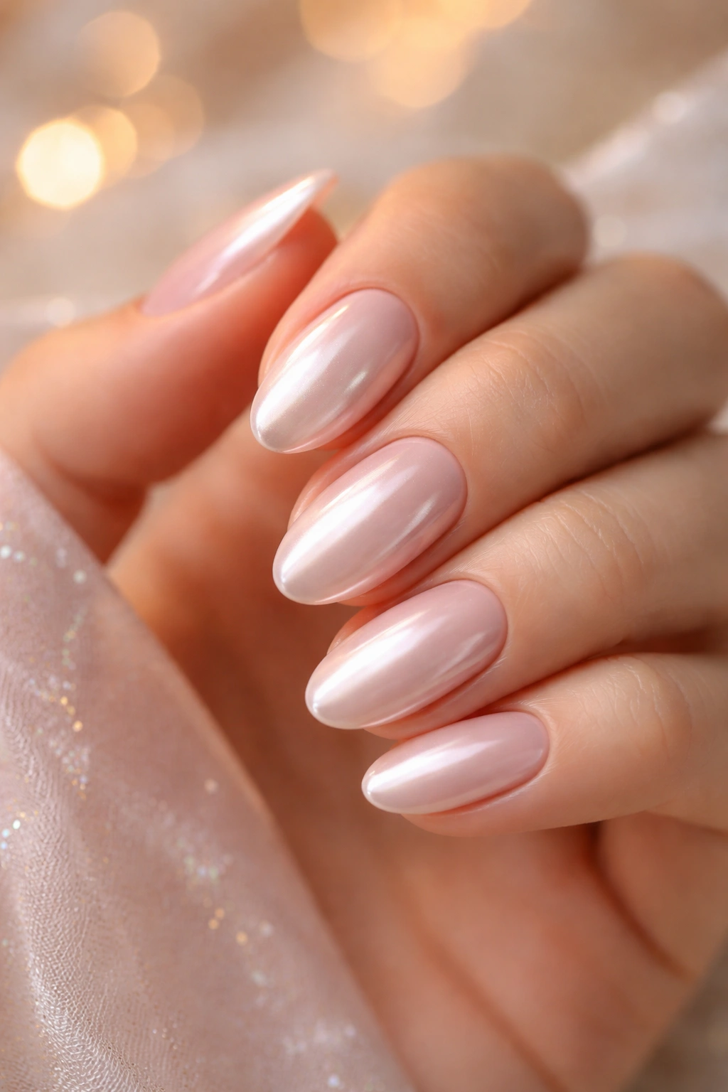 Nude base with pearly chrome on short almond nails, soft reflections