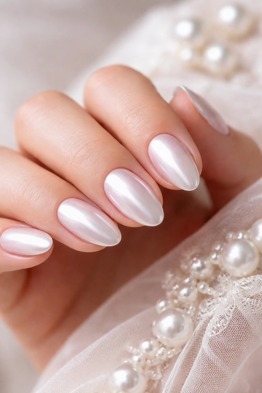 Close-up of short almond nails with pearly chrome finish