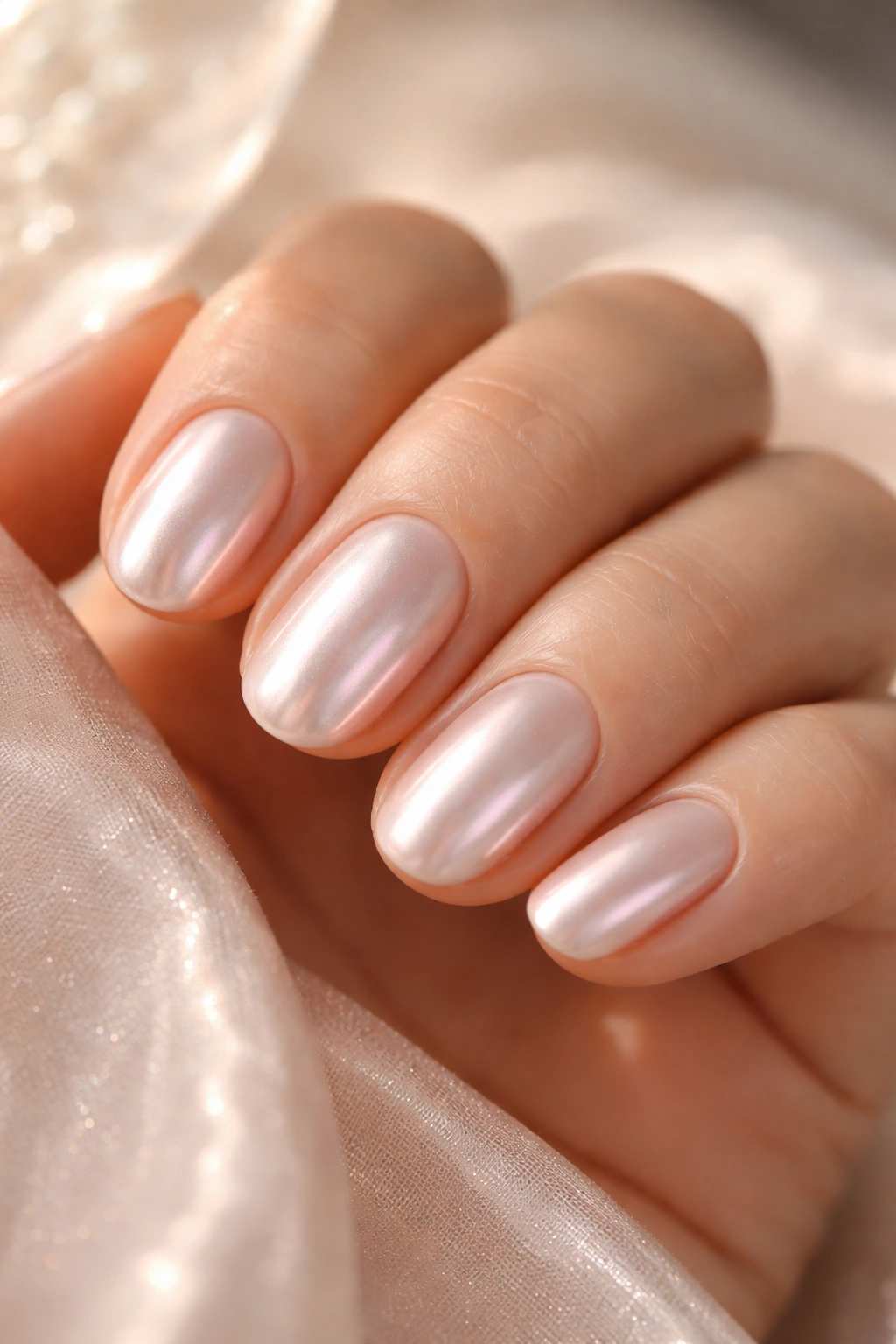 Close-up of short oval nails with pearly chrome finish
