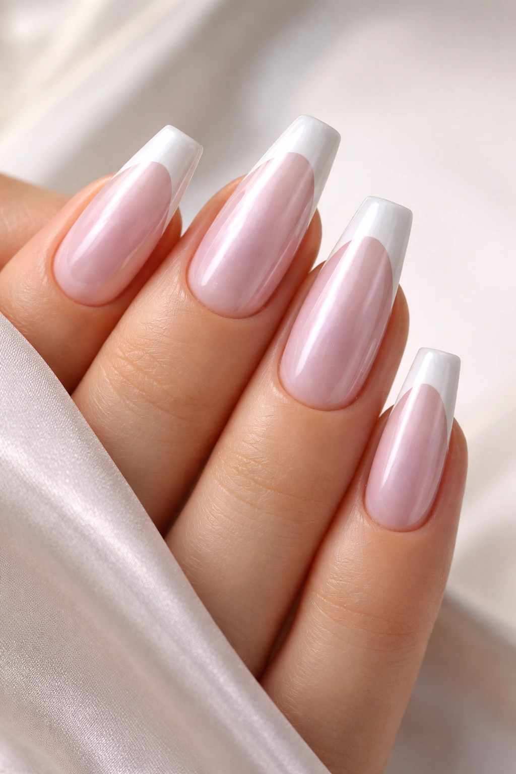 Nails with pearly chrome pink finish and white tips