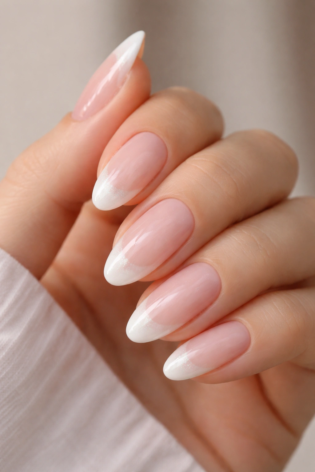 Close-up almond nails with pearly white tips on soft pink base