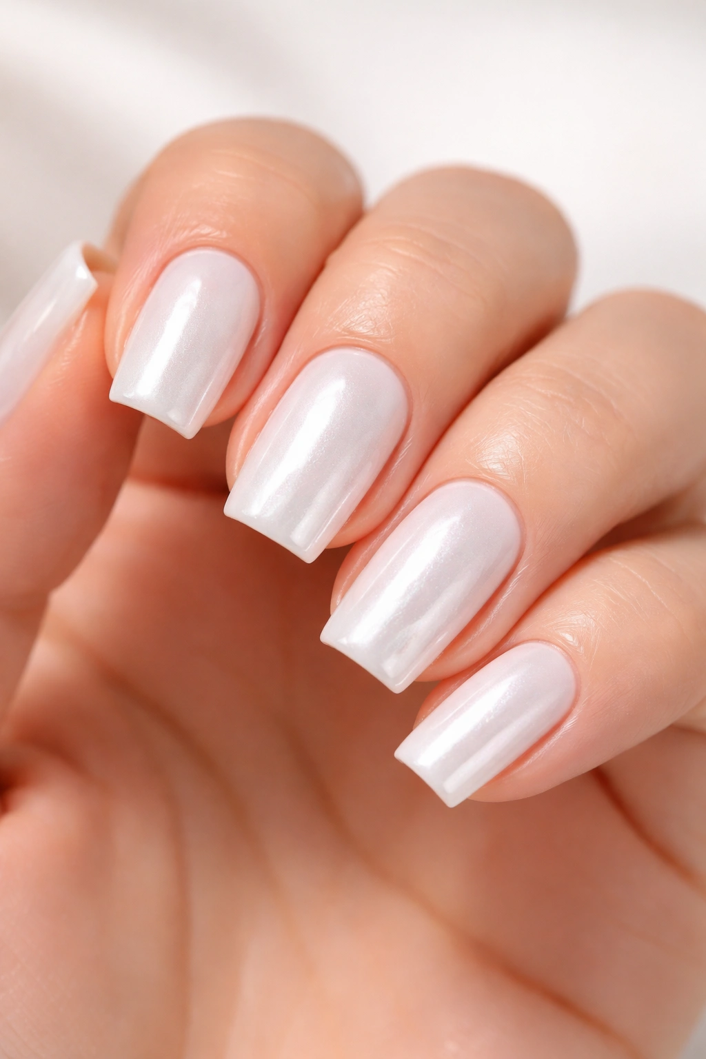 Close-up of pearly white square nails with iridescent shimmer