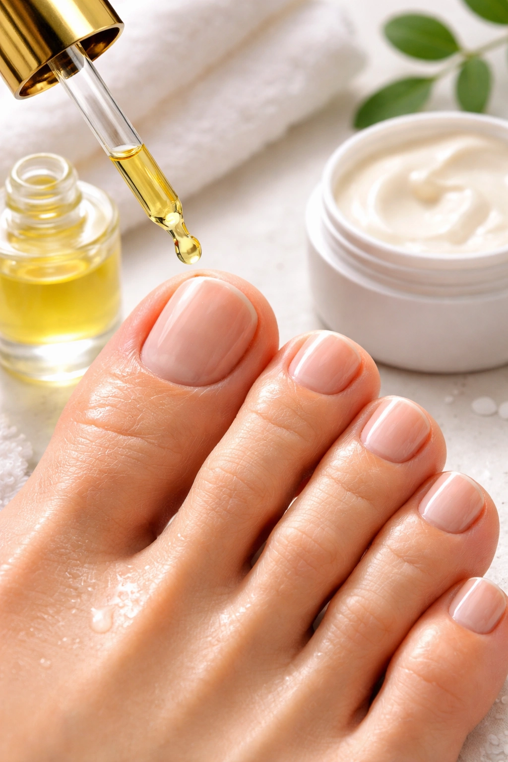 Toenail with cuticle oil applied to keep nails healthy between gel pedicures