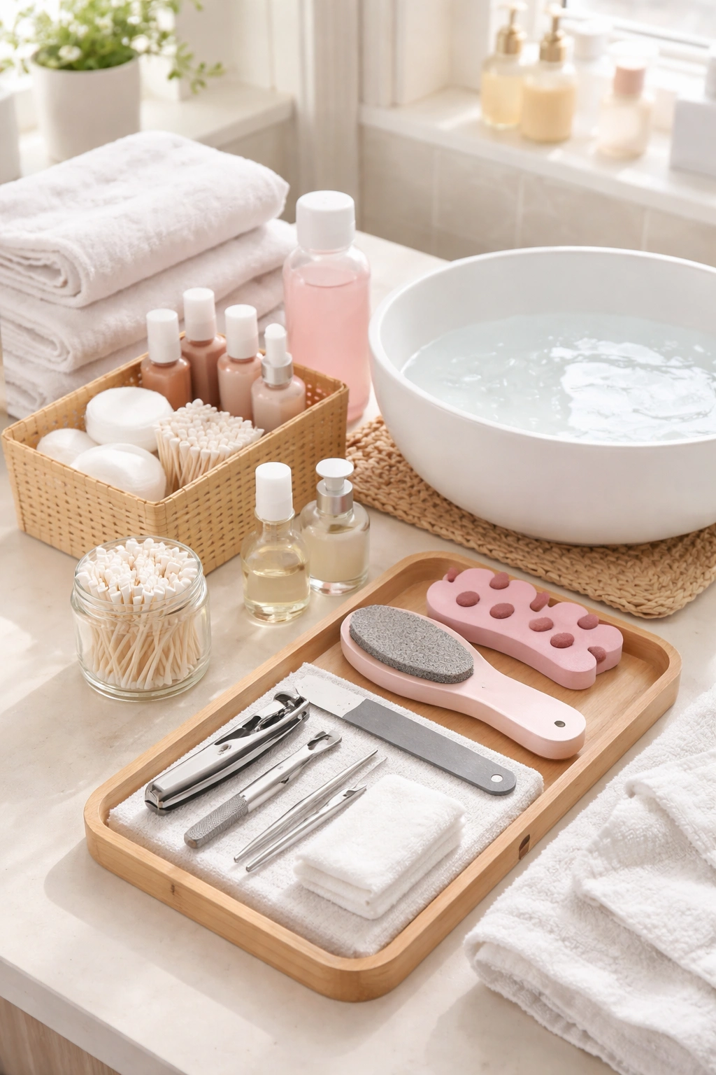 Organized pedicure supplies on a clean surface for at-home spa setup