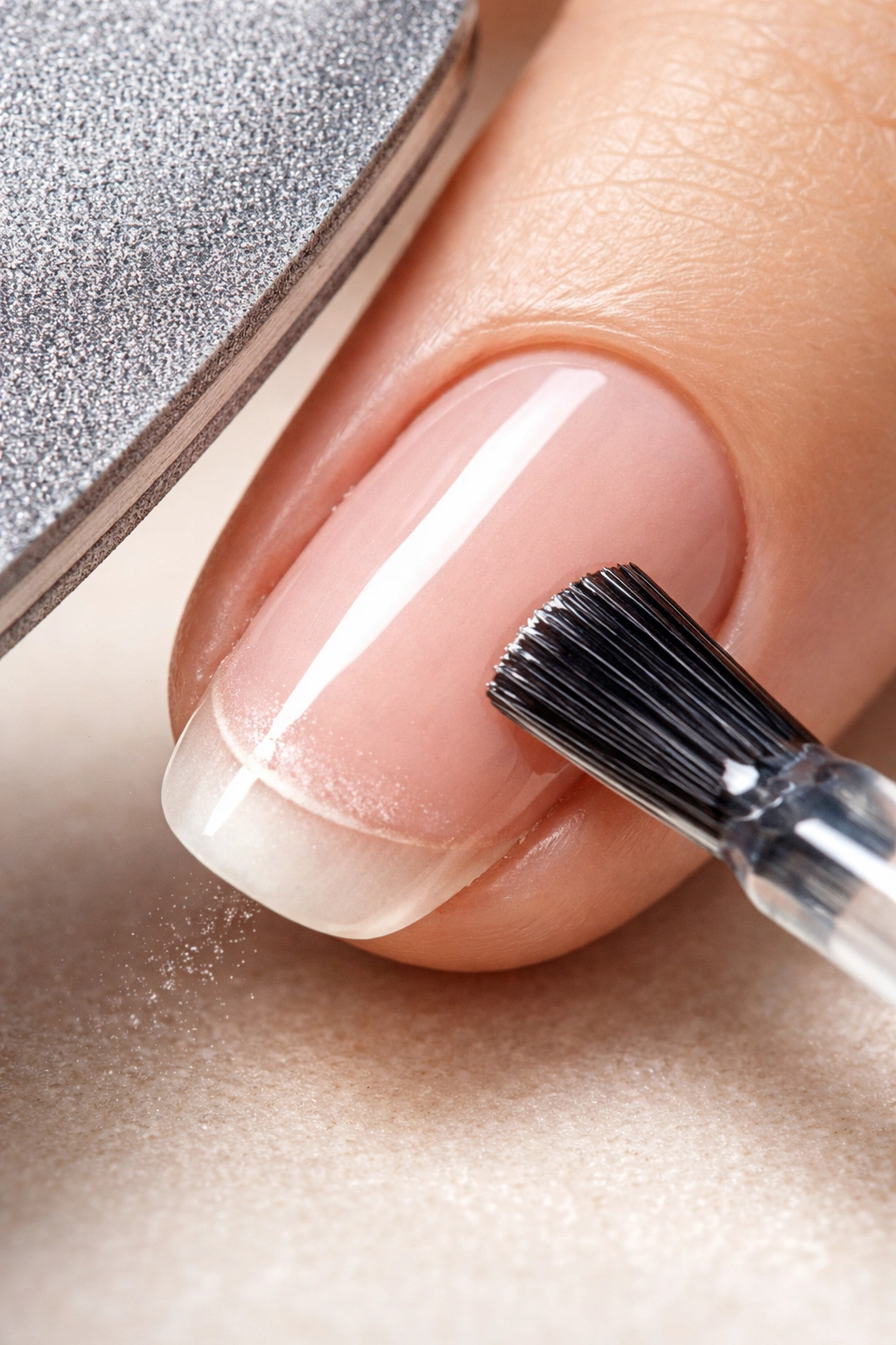 Close-up of a nail being lightly buffed with a thin top coat to stop peeling