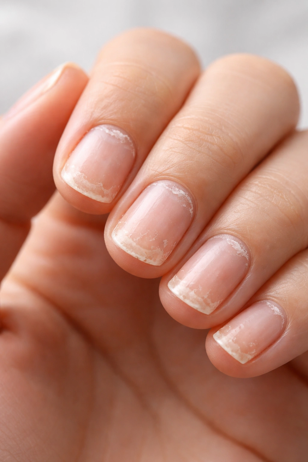 Close-up of peeling nails showing moisture loss and fragile edges