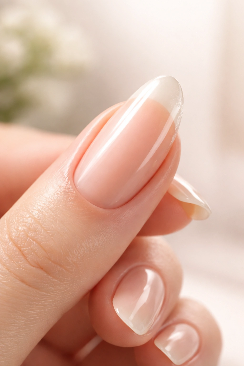 Close-up of a long oval nail with a peeling edge and moisturized cuticle