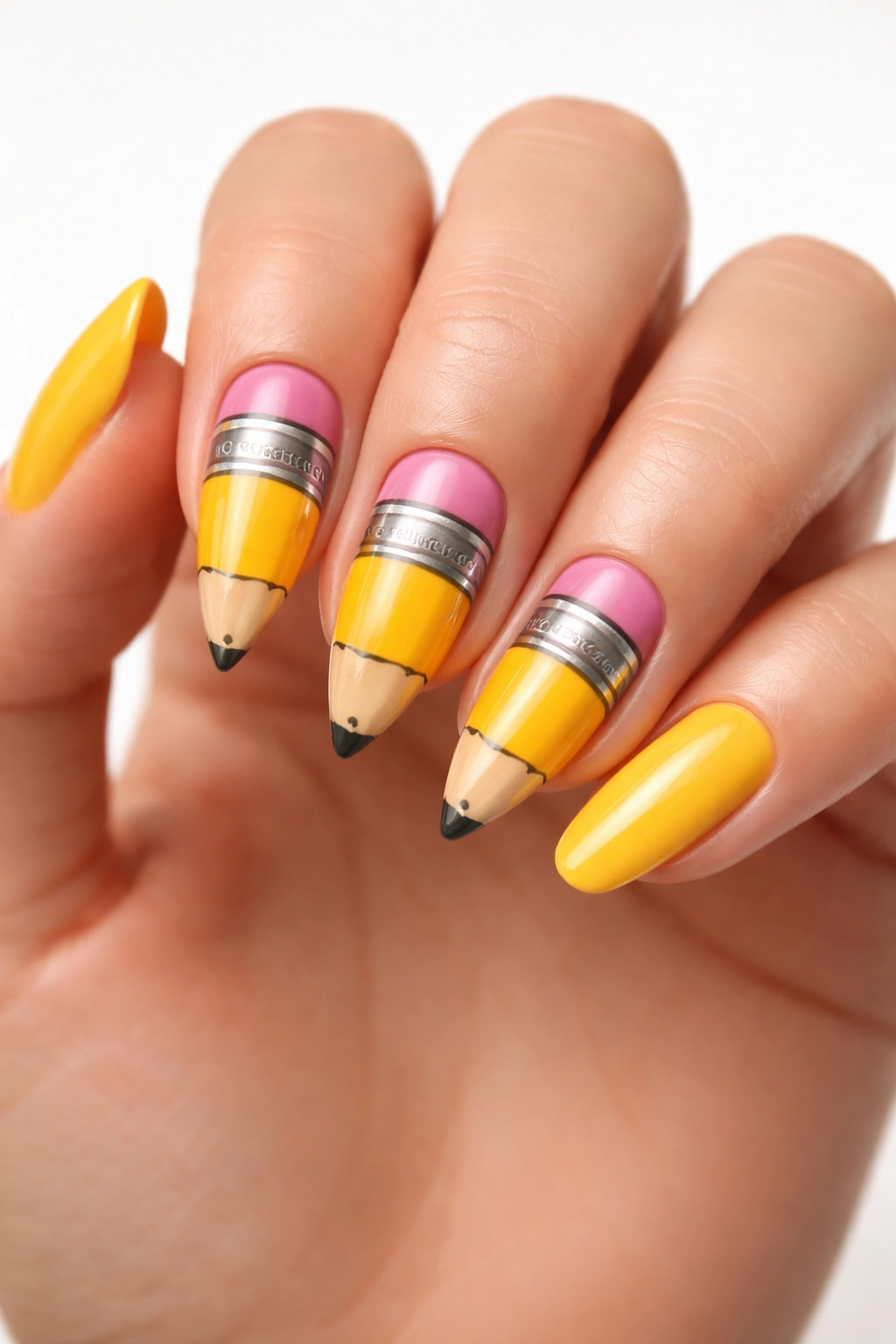 Close-up of yellow pencil-inspired nails with pink eraser and silver ferrule.