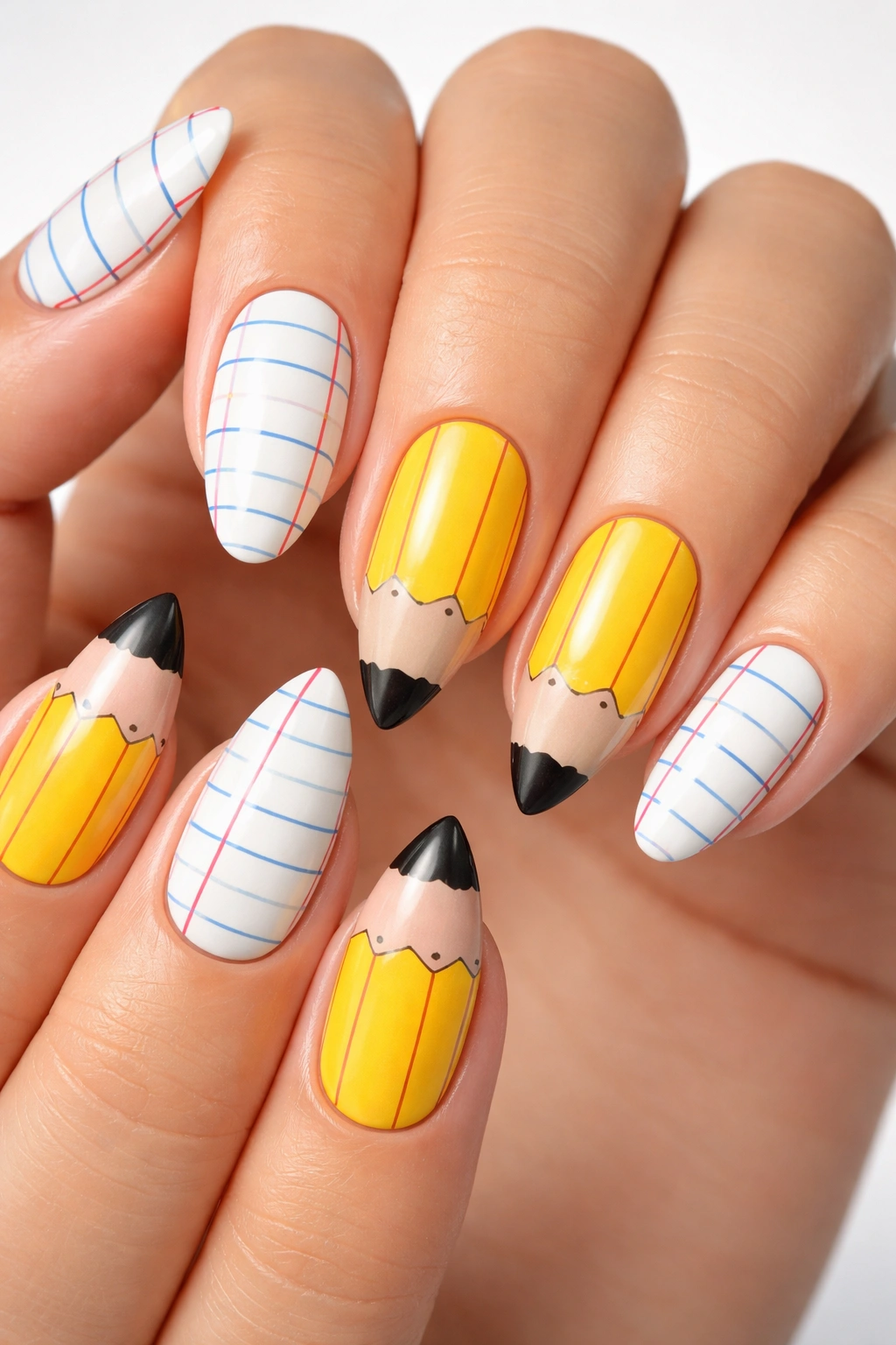 Close-up of nails depicting pencil and notebook paper themed designs