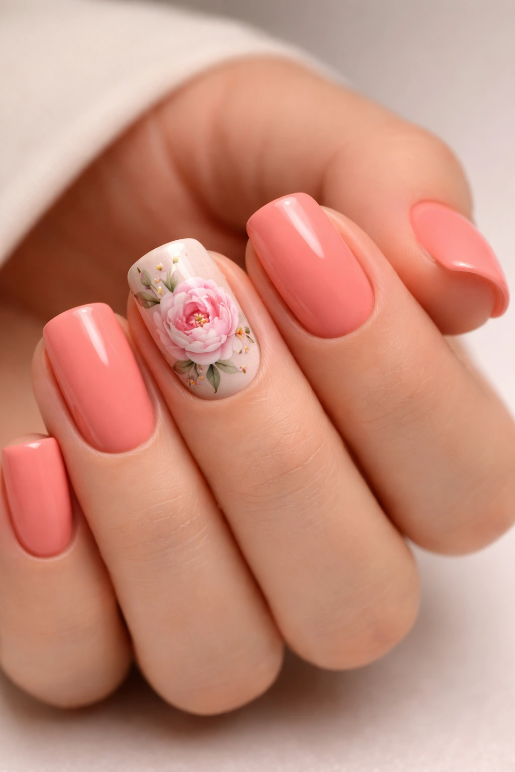 Coral pink base with a peony accent nail on short squoval nails