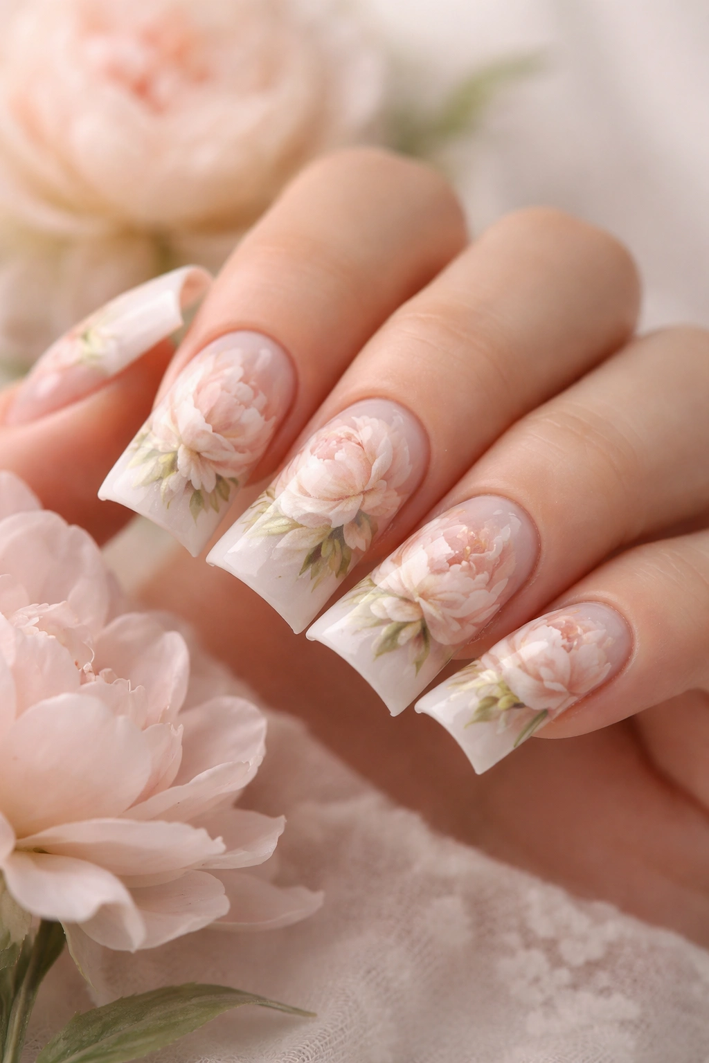 Duck nails with soft blush peony petals and green stems