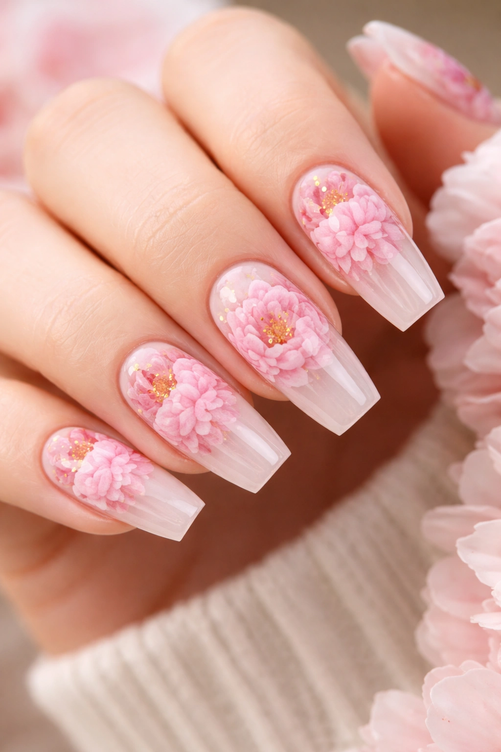 Close-up of coffin nails with lush pink peony petals on a pale base