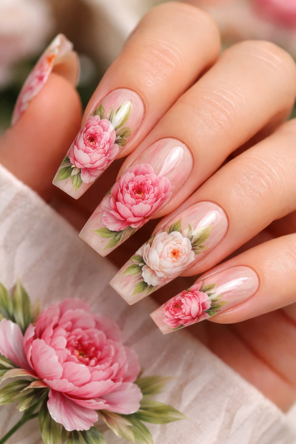 Coffin nail with large layered peonies on neutral base