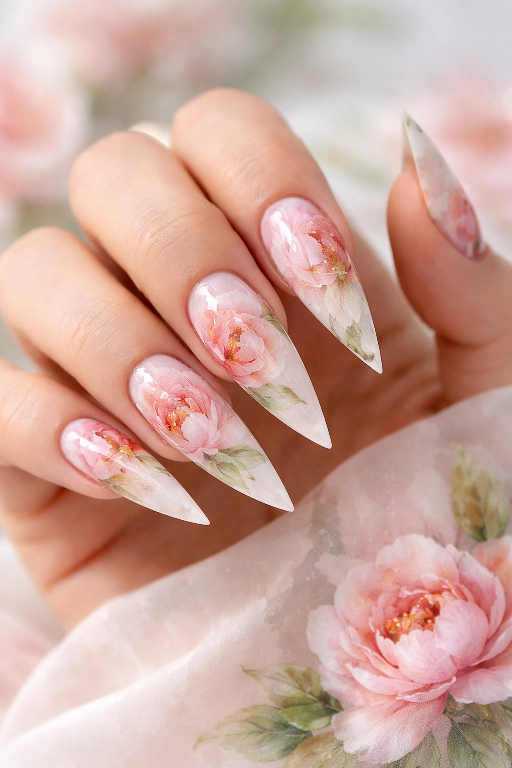Stiletto nails painted with watercolor peonies and green leaves