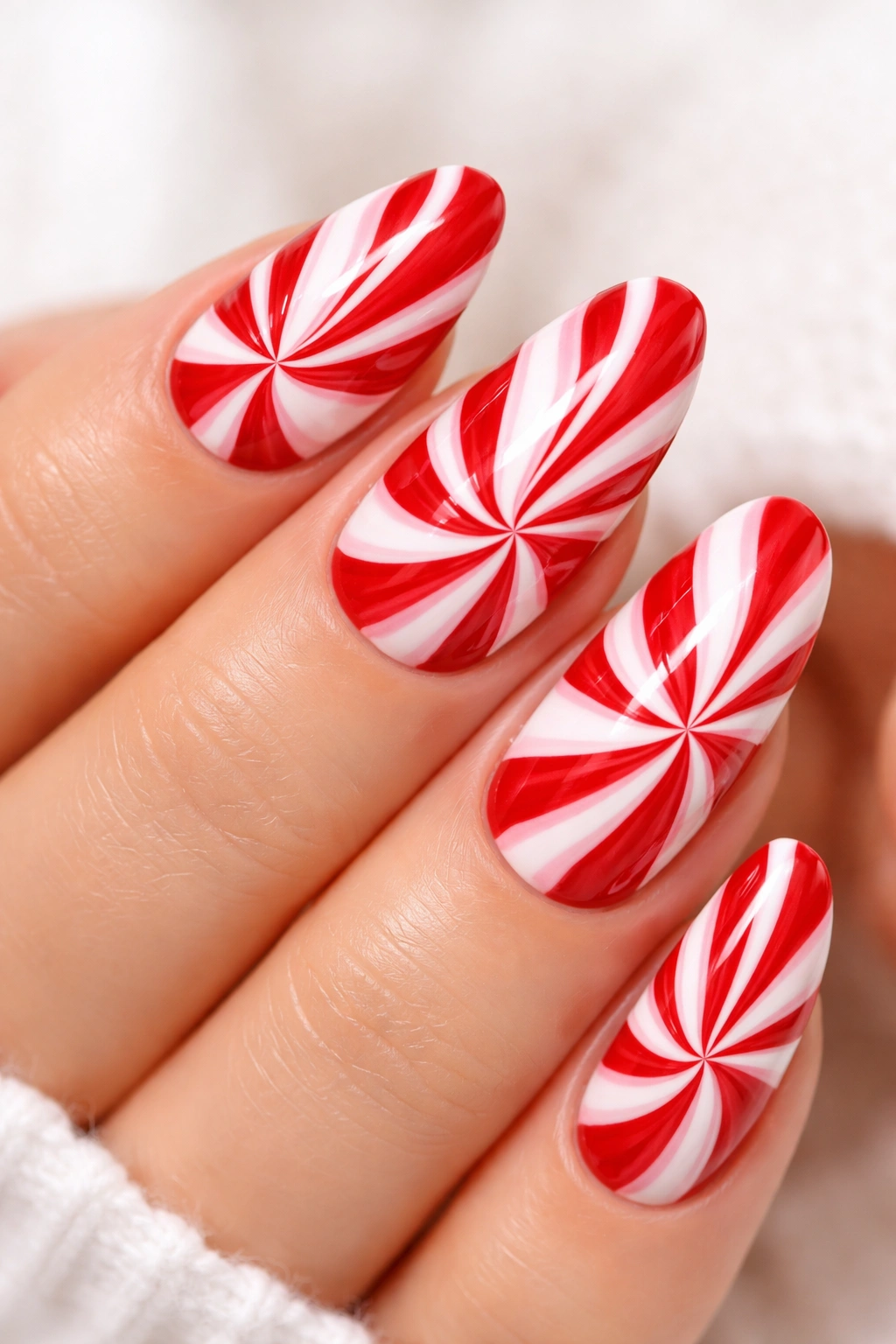 Close-up of red and white peppermint swirl nail design