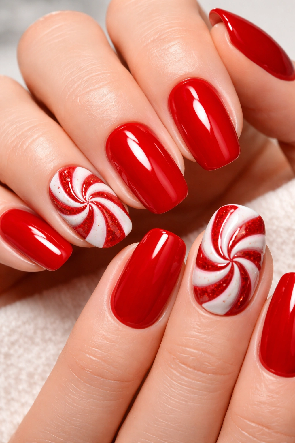 Close-up of red and white peppermint swirl nail art on an accent nail