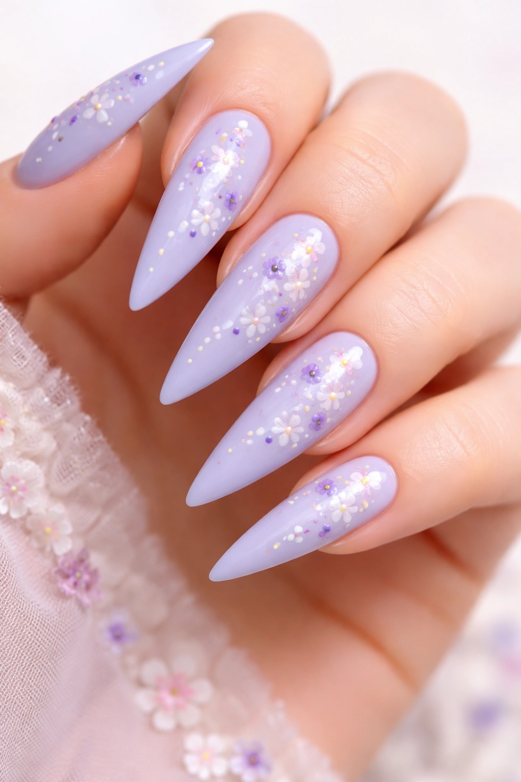 Close-up of periwinkle nails with delicate flower art on stiletto tips