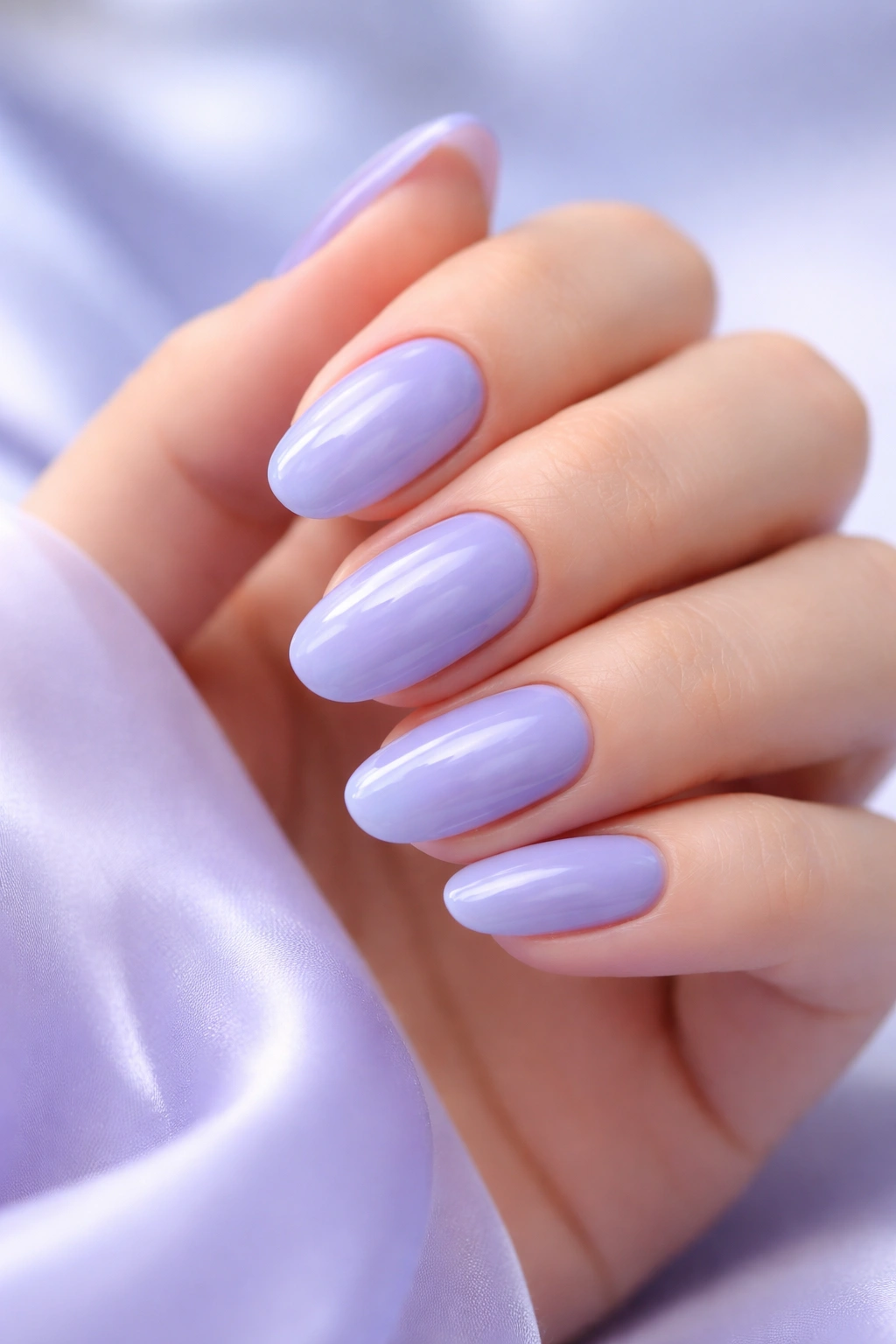 Close-up of periwinkle nails with a blue-purple pastel manicure on a neutral background