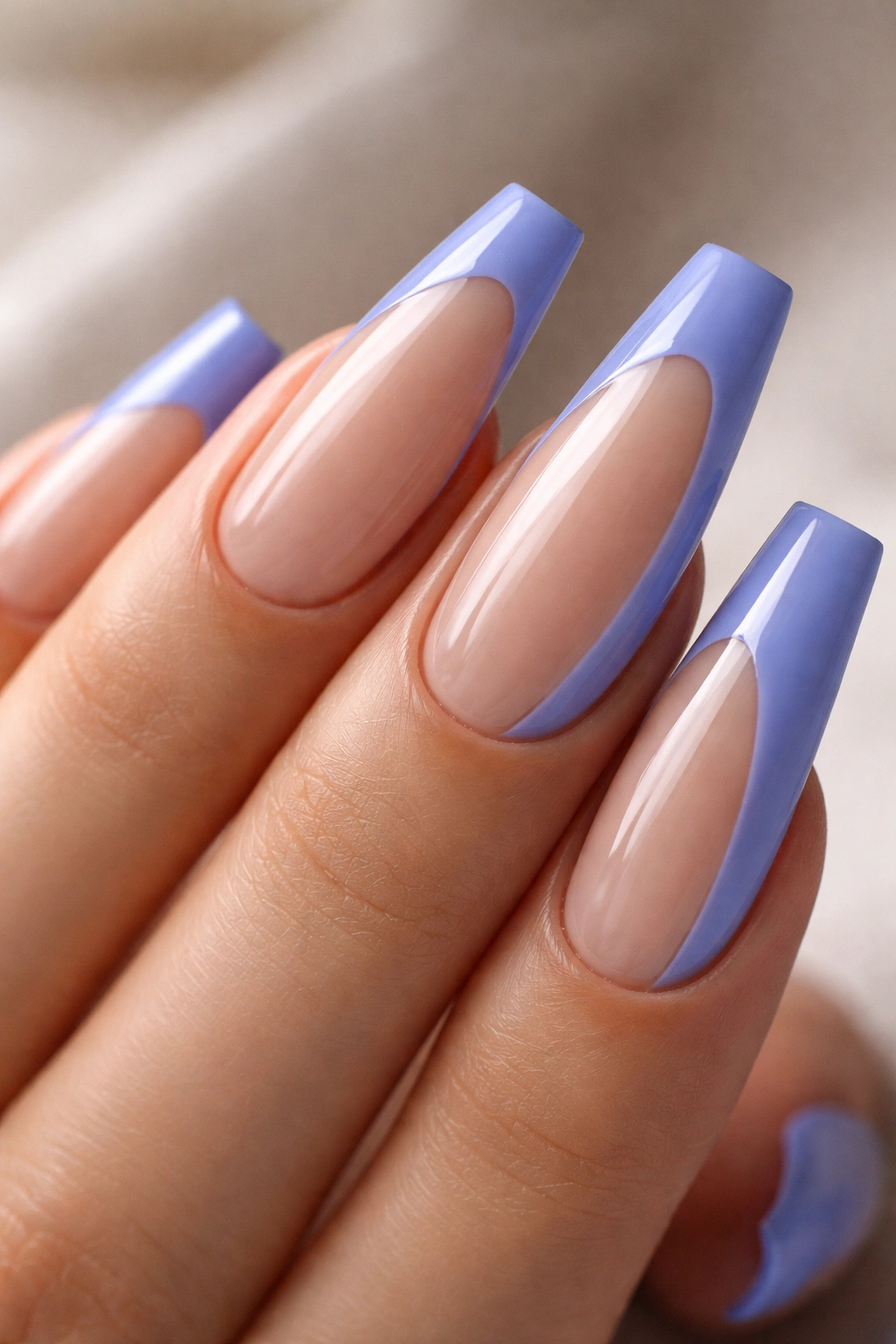 Long ballerina nail with periwinkle side-French tip and negative space