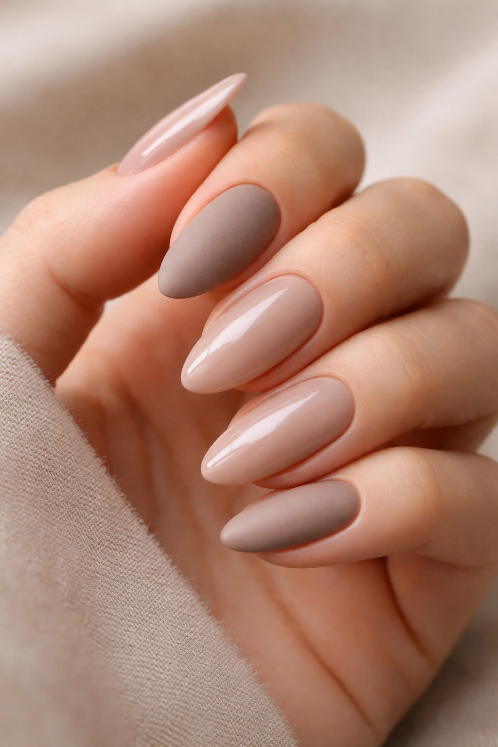 Hand with alternating matte and glossy nails shows personal preference