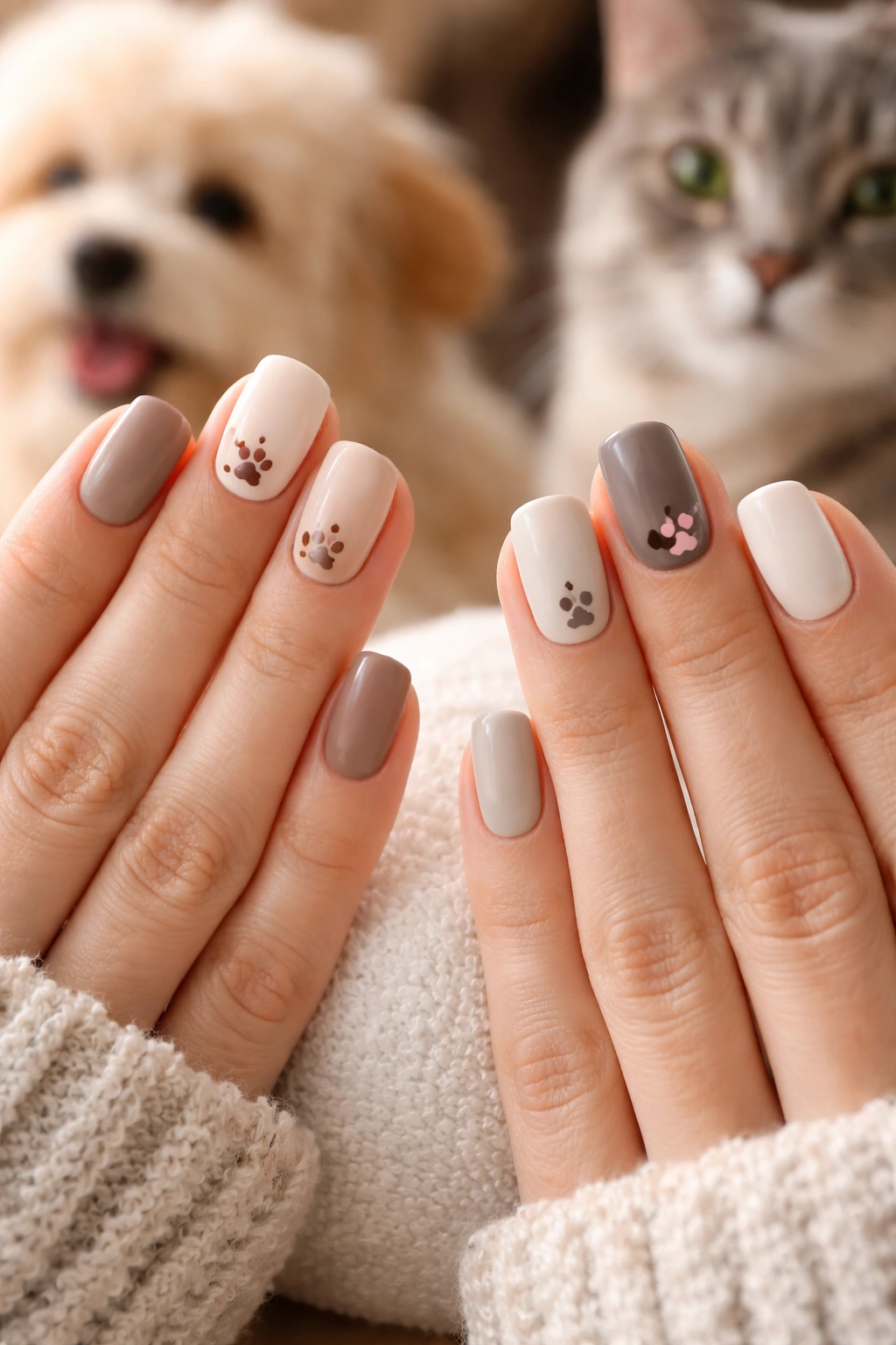 Close-up of hands showing paw-print nail art honoring pets.