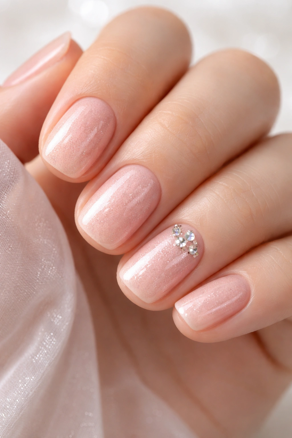 Short nails with pink shimmer base and rhinestone-accent nail.