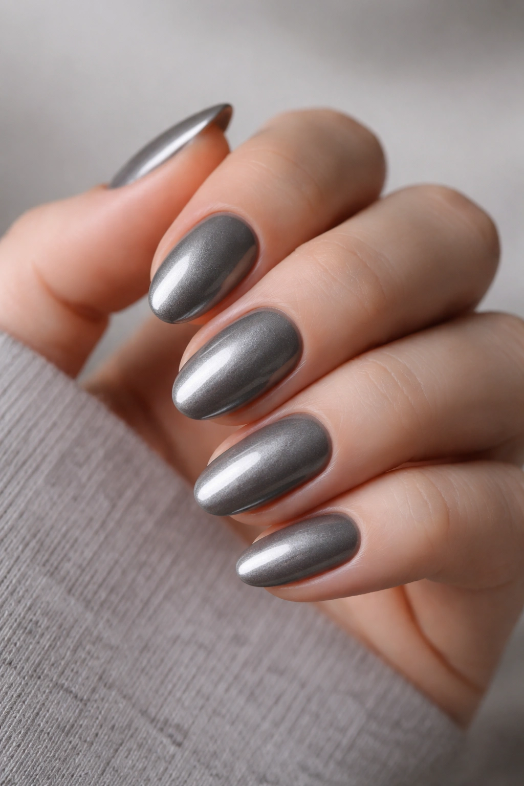 Close-up of short almond nails in metallic pewter grey with a subtle sheen