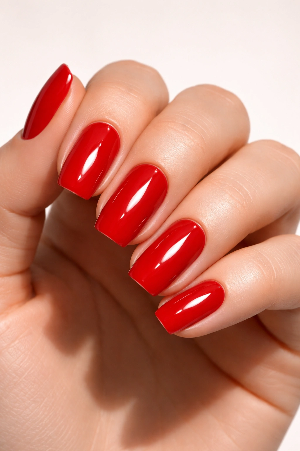 Close-up of glossy pillar box red nails on a hand