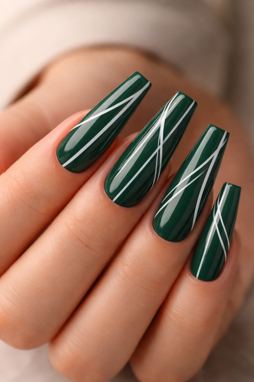 Deep pine-green coffin nails with white stripes geometric pattern
