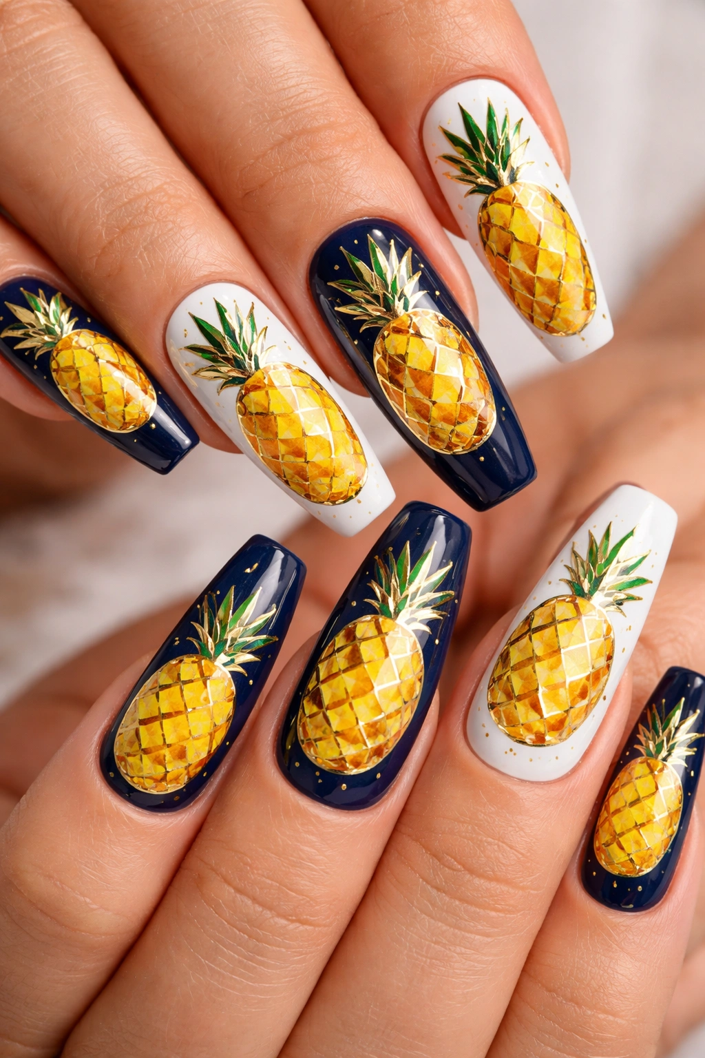 Geometric pineapple nail art on coffin nails with yellow and gold accents