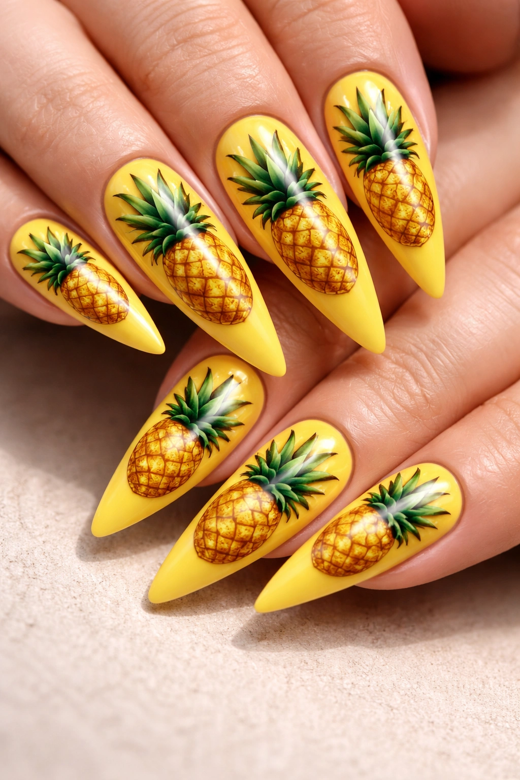 Yellow nails with pineapple motif and green crown leaves