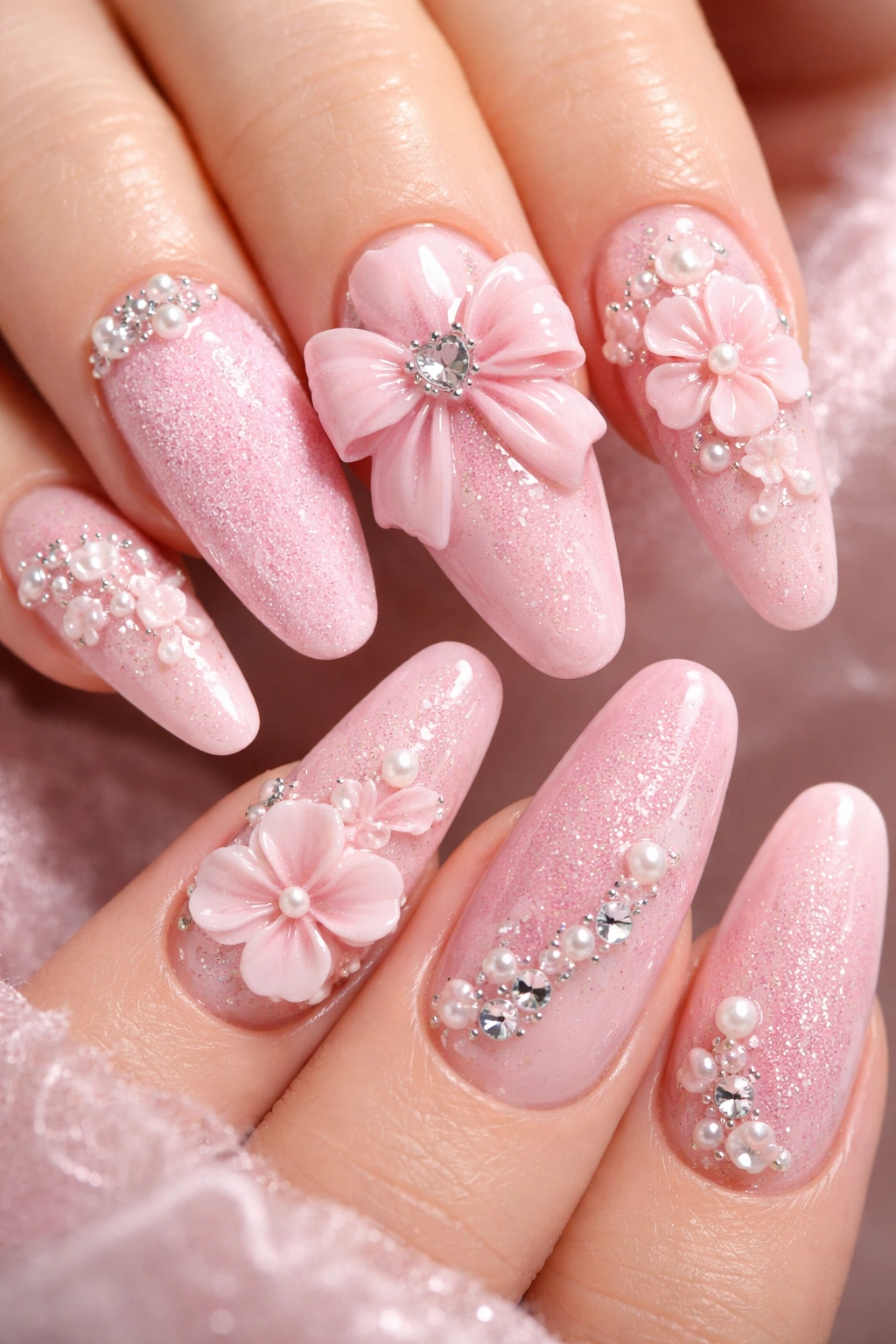 Nails showcasing 3D bows, raised florals, and velvet texture