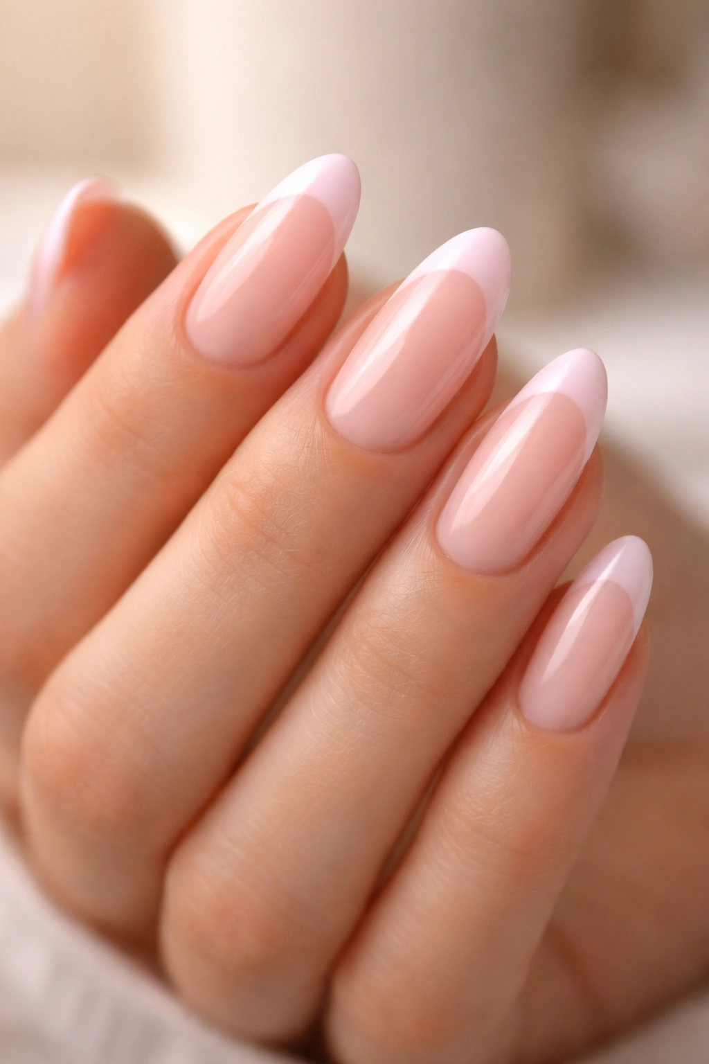 Close-up of almond nails with sheer ballet pink tips in a neutral studio setting