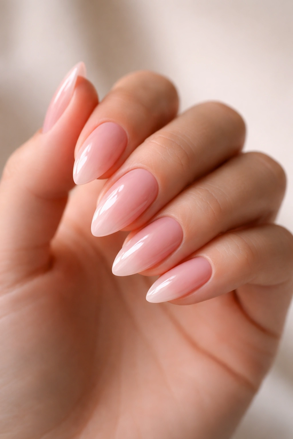 Close-up of pink almond nails with glossy finish on a hand, upscale manicure