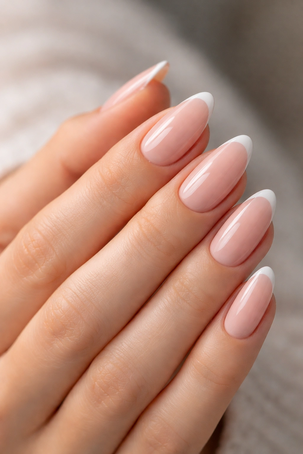 Close-up of pink almond nails with micro French tip