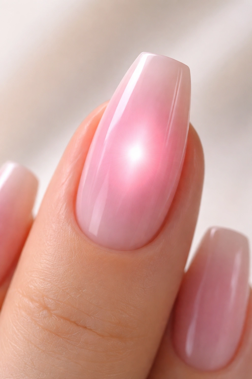 Close-up of a medium-length ballerina nail with a subtle pink aura glow centered near the middle on a neutral background
