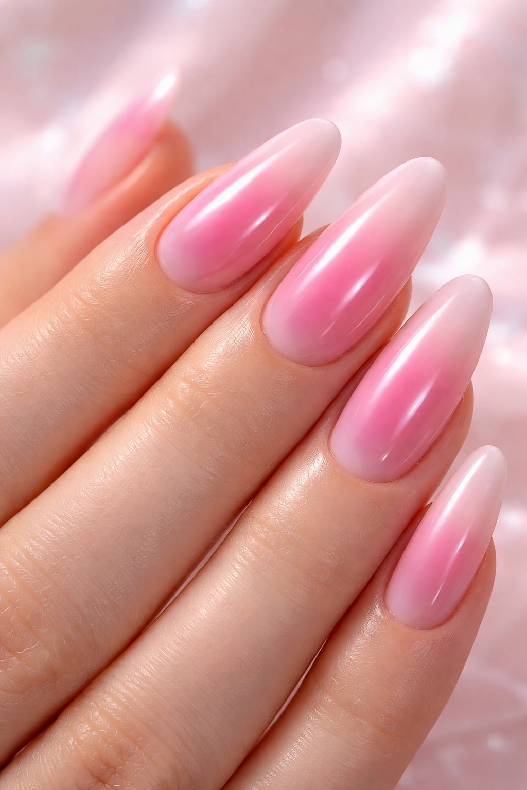 Close-up of pink aura nails with a darker center fading to light pink