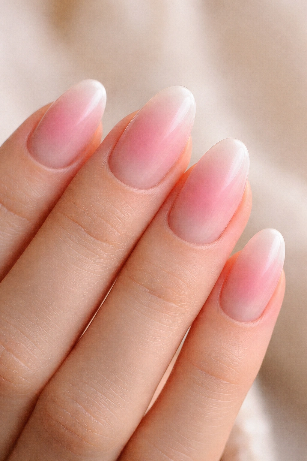 Short almond nails with soft pink aura gradient and a blurred halo.