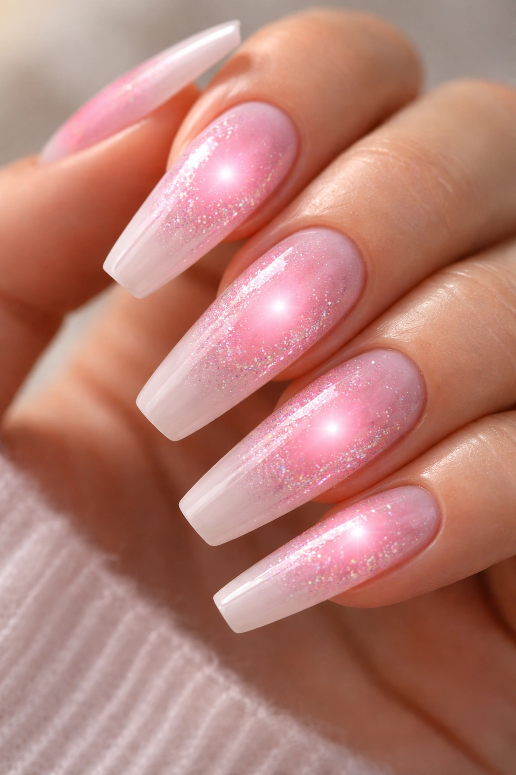 Nails with pink aura glow and micro glitter centered on a ballerina shape