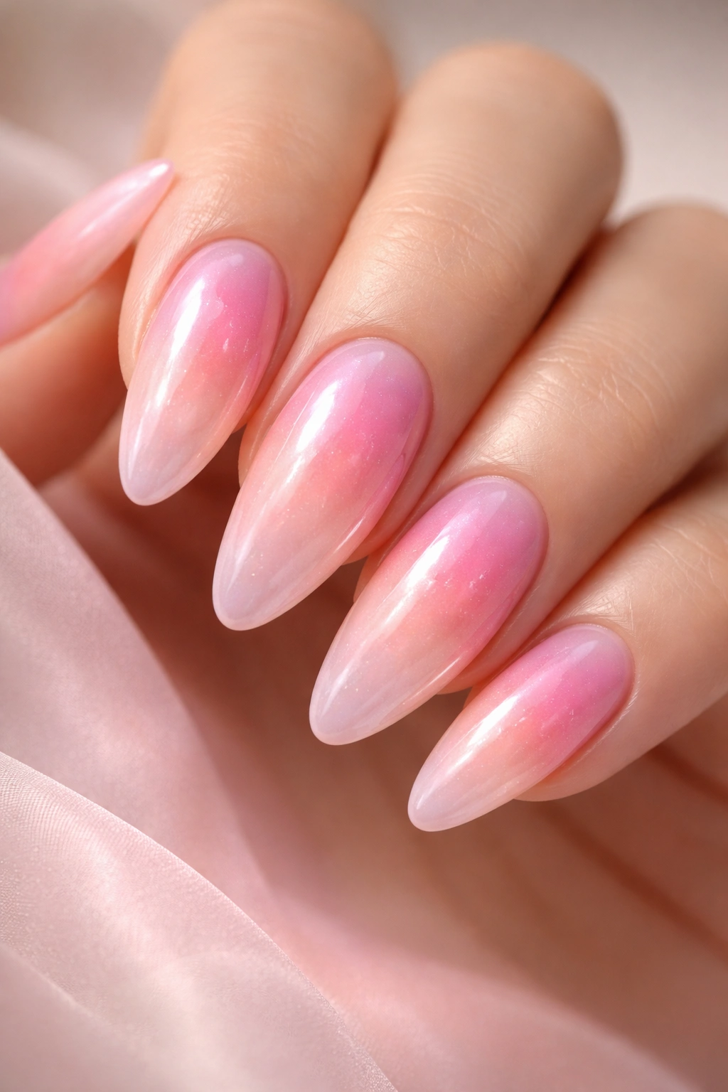 Close-up of pink aura nails with soft gradient glow on almond nails