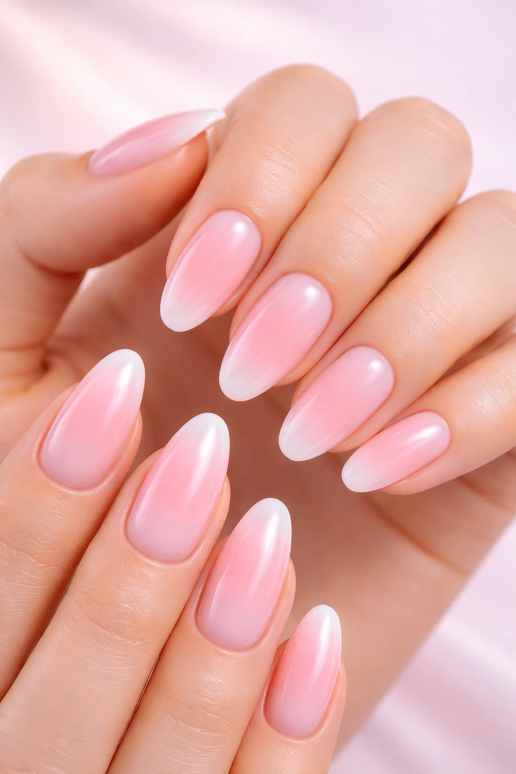 Close-up of baby pink aura nails with a halo effect