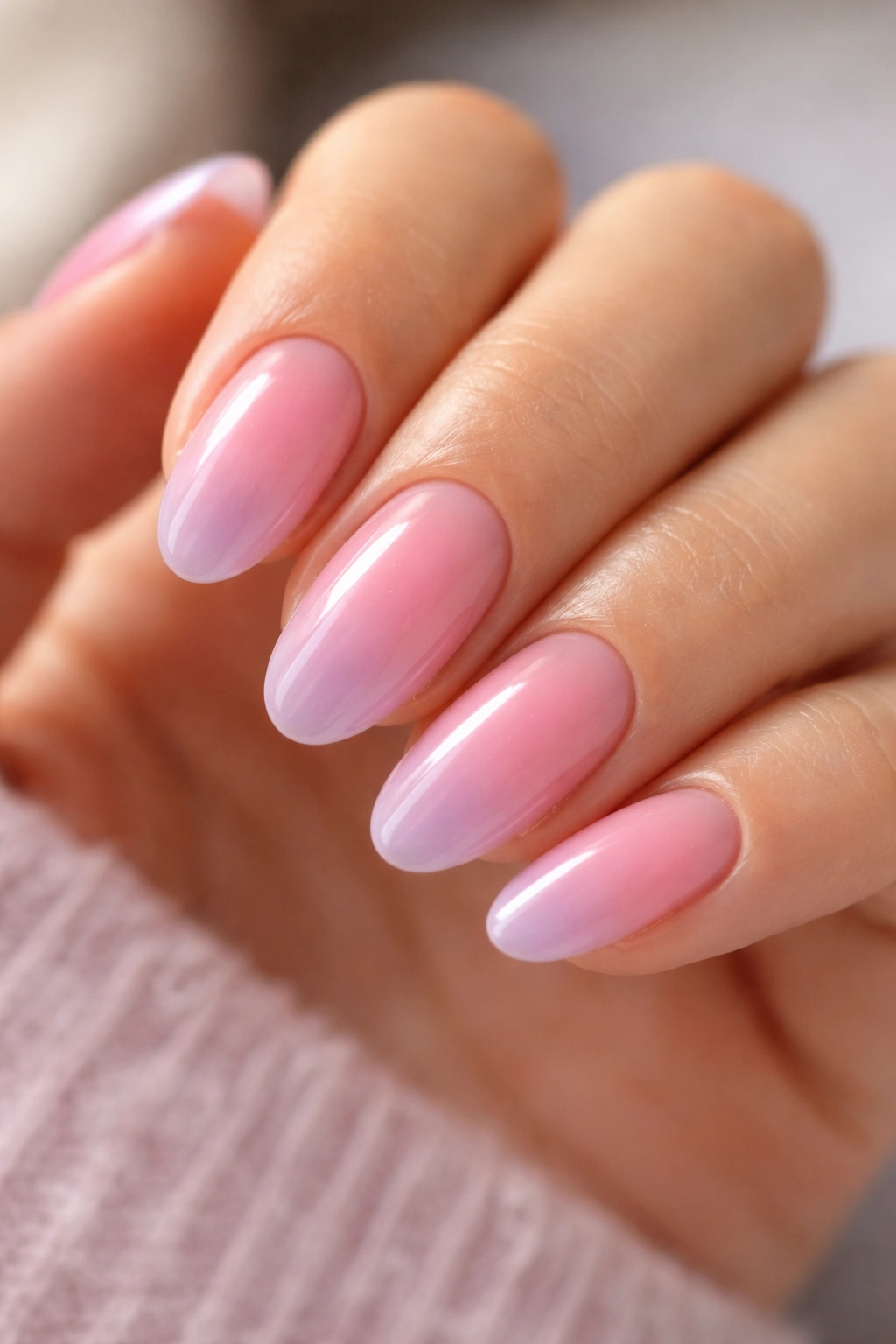 Soft pink aura nails with lilac edges on short almond nails