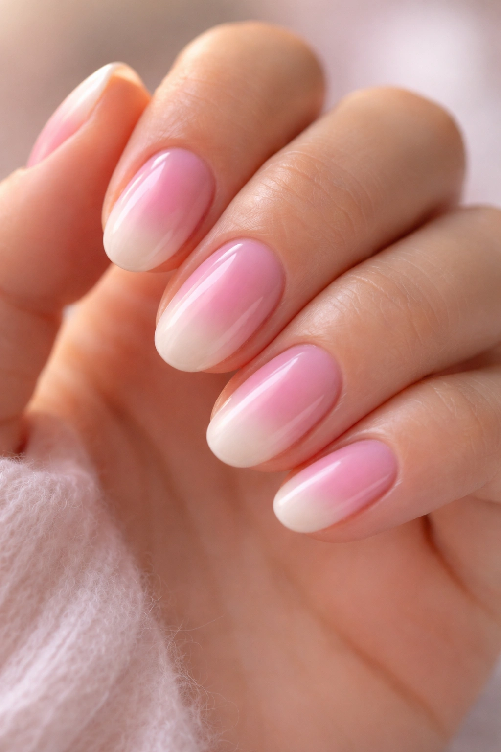 Close-up of short oval nails with pink aura ombre glow