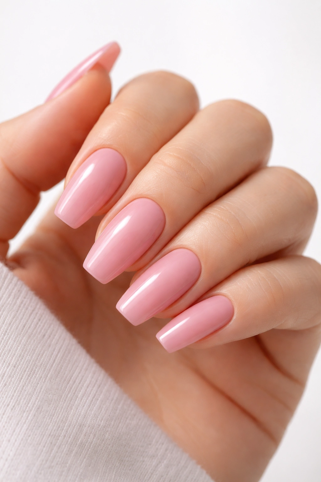 Close-up of pink ballerina nails on a hand with medium-length tapered tips