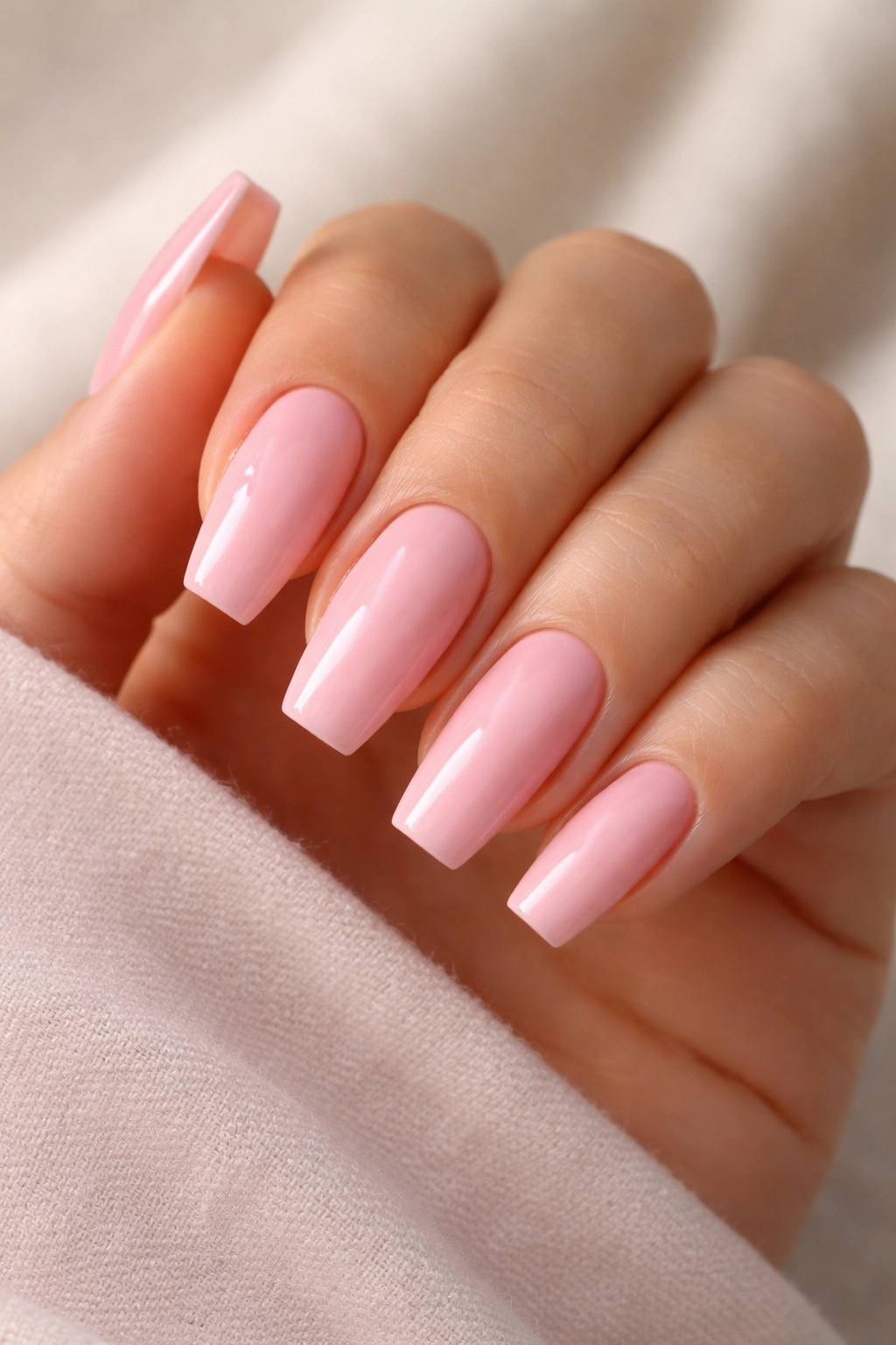 Hand with pink ballerina nail set on neutral background