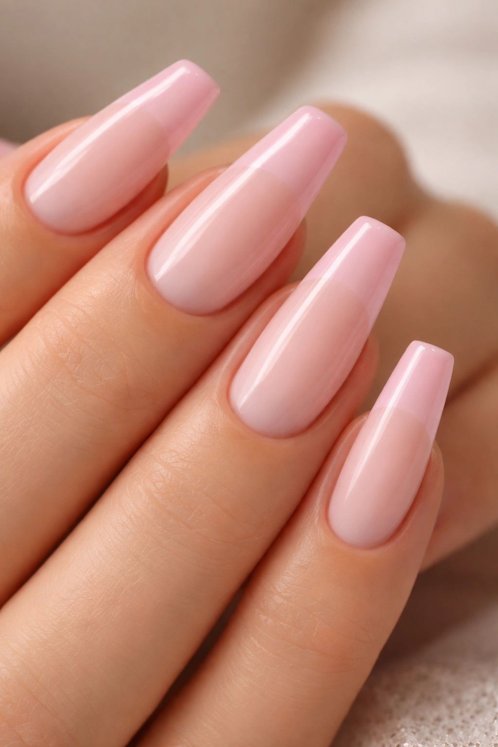 Close-up of pink French tip ballerina nails with milky pink base and thin tip.