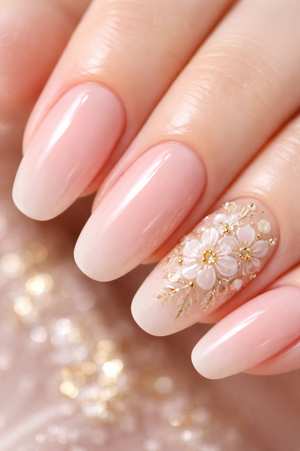 Close-up of pink nails with delicate gold floral accents on accent nail
