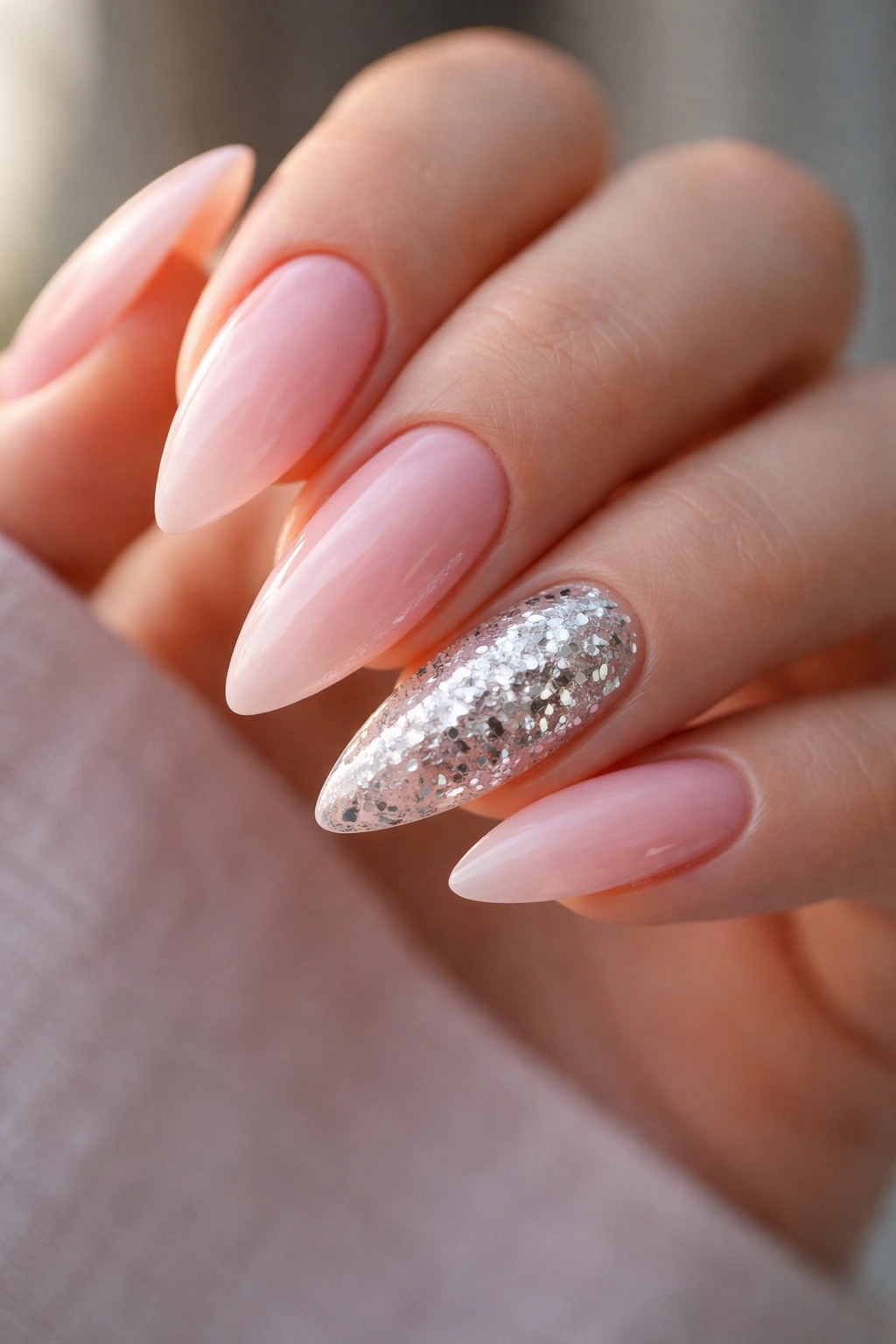 Nails with pink base and silver confetti accent on one nail