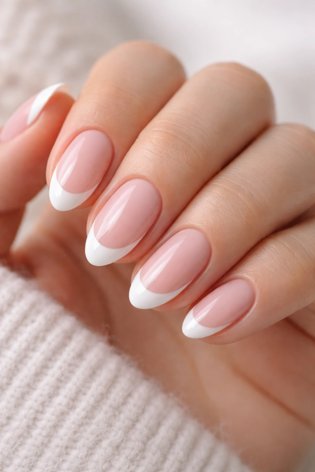 Short almond nails with pink base and white smile line