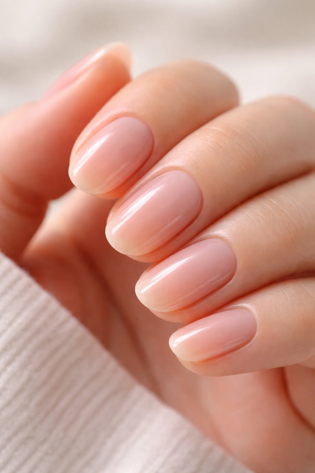 Close-up of short oval nails with pink-beige jelly translucency on a clean background